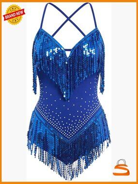 Sequin Fringe Bodysuit Romper Sparkly Tassel Latin Jazz Dance Costume Rave